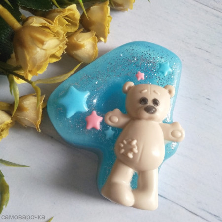 Цифры/4 с мишкой, форма для мыла пластиковая Цифры/4 с мишкой, форма для мыла пластиковая
