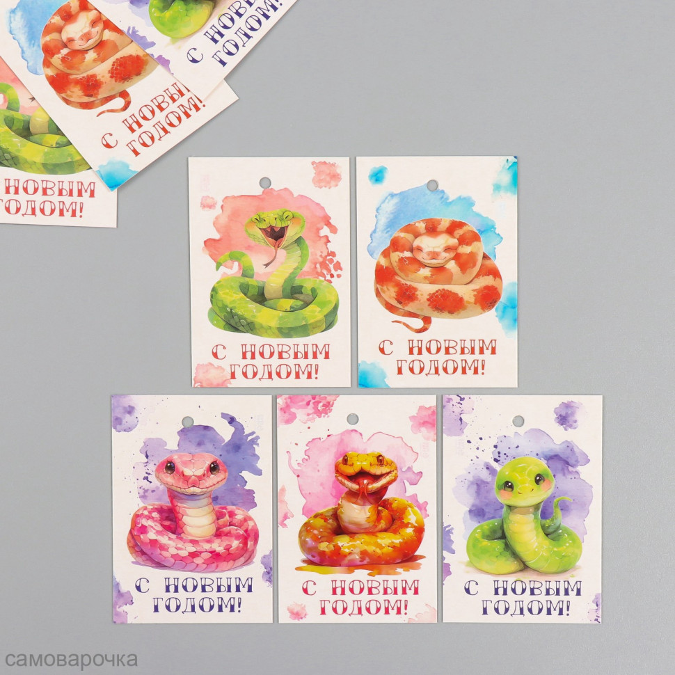 Бирка картон Акварельные змеи 4*6 см (10штук/5 видов) - 