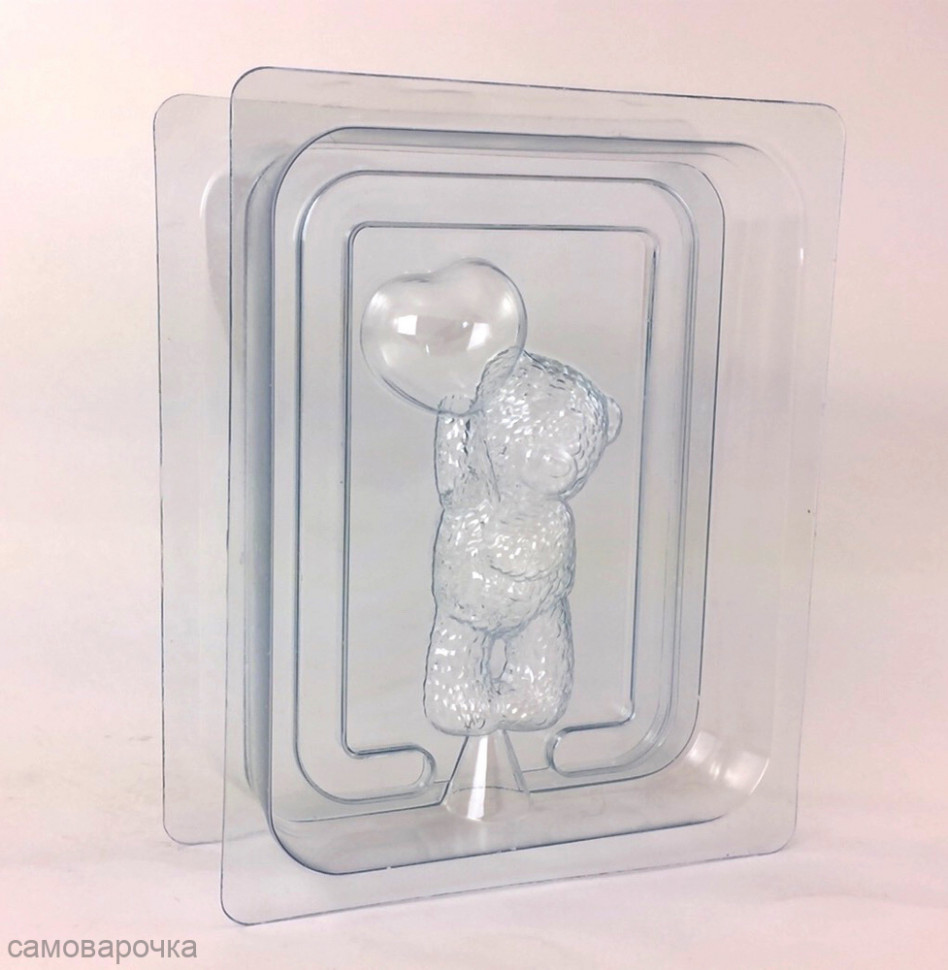 Медвежонок стоит с шариком сердечком (2 половинки), форма 3D для мыла пластиковая - Для мыла и шоколада